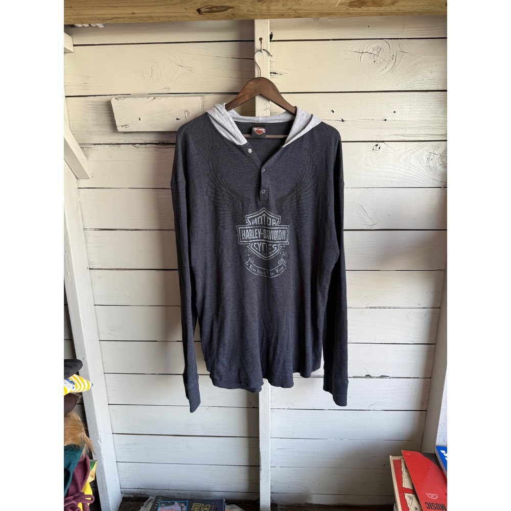 Harley Davidson Mens XL Thermal Henley Hoodie Charcoal Grey Waffle Knit Shirt